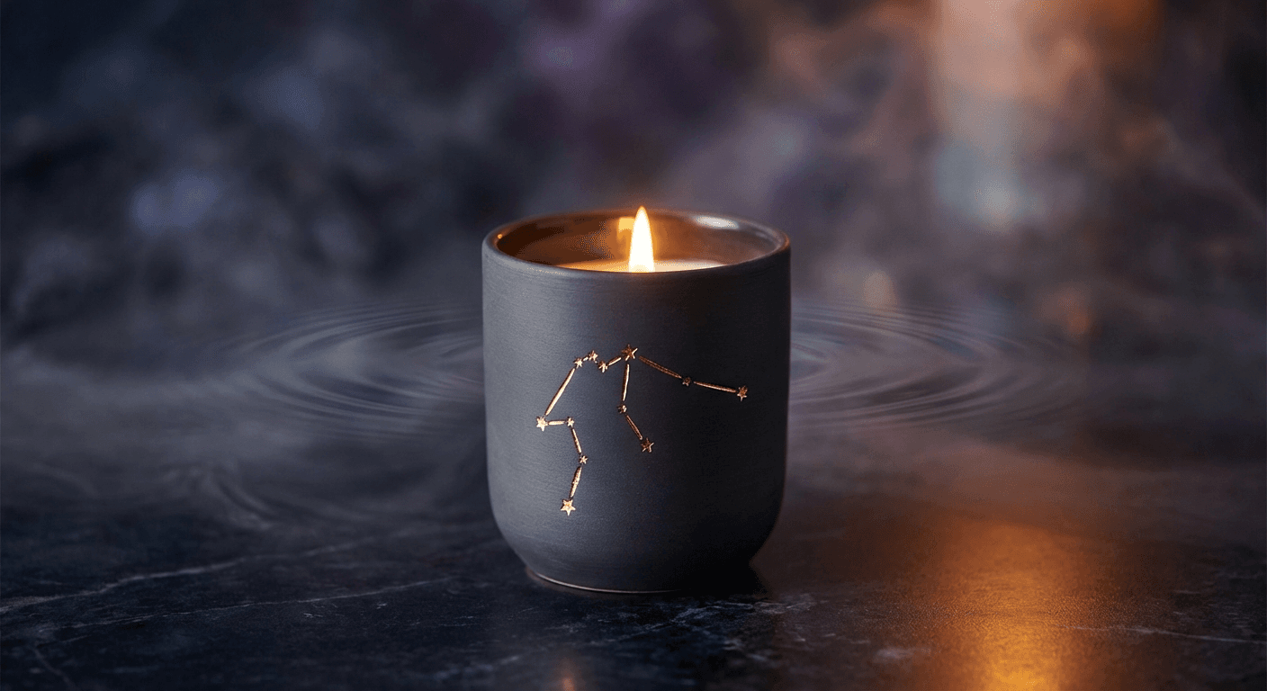Aquarius zodiac candle — Drift through cosmic waves. Scent notes: Ozone, Blue Lotus, Electric Amber, Violet Leaf