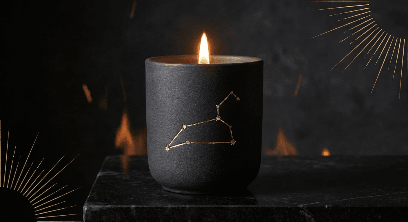 Leo zodiac candle — Command your golden realm. Scent notes: Orange Blossom, Saffron, Frankincense, Warm Amber