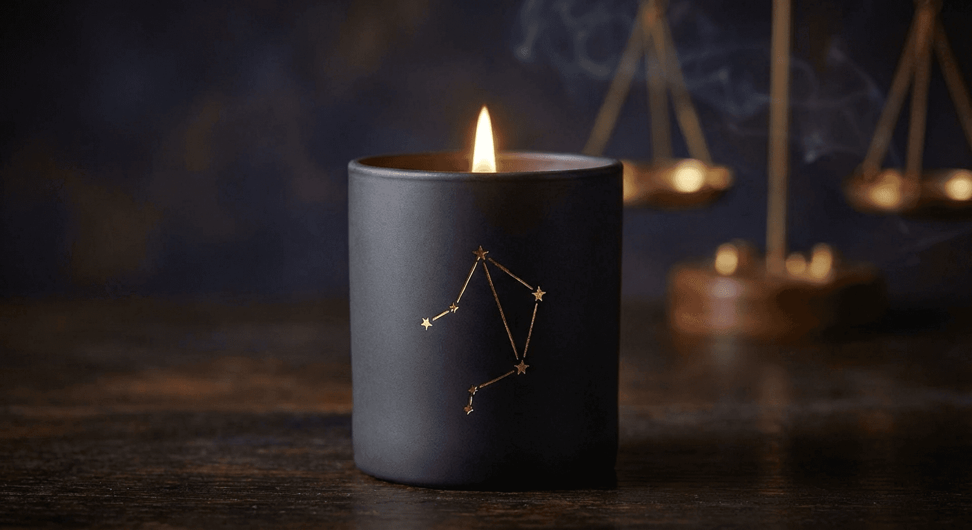 Libra zodiac candle — Balance beauty and grace. Scent notes: Rose Petals, Peony, Cashmere Wood, Soft Musk