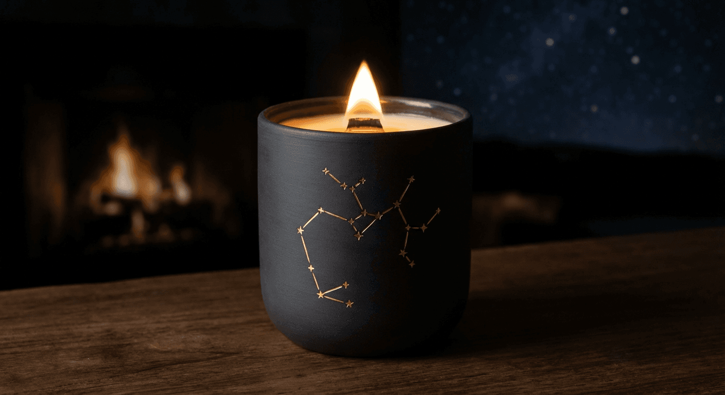 Sagittarius zodiac candle — Journey beyond horizons. Scent notes: Juniper, Cedarwood, Wild Sage, Leather